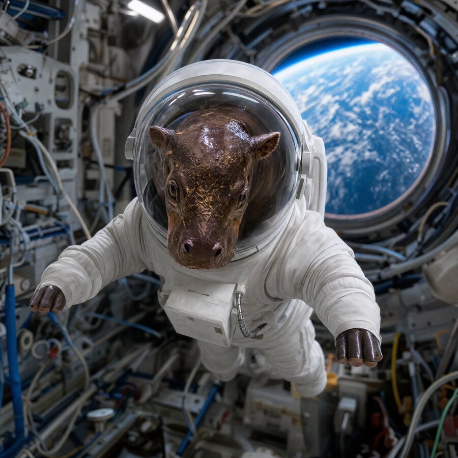 Piper illustrated in a spacesuit floating inside a space station with Earth through the window.