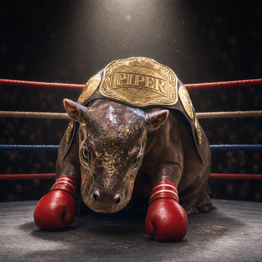 Piper illustrated in a boxing ring wearing red gloves and a gold PIPER championship belt.