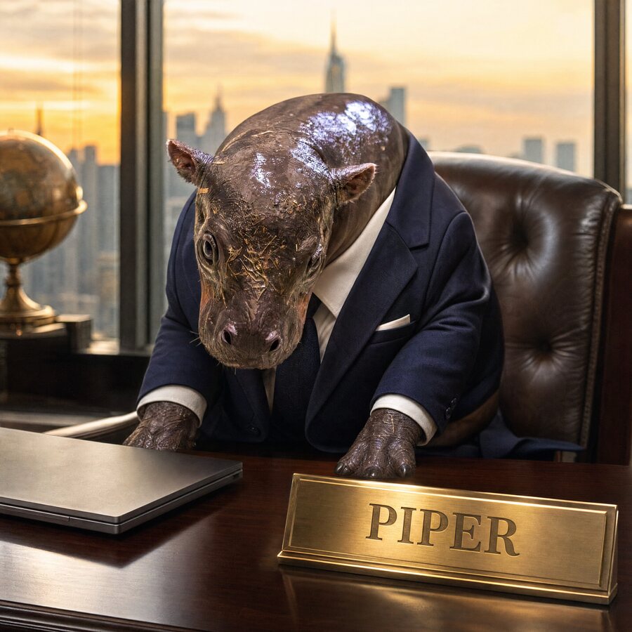 Piper illustrated in a navy suit at a desk with a brass nameplate reading PIPER.