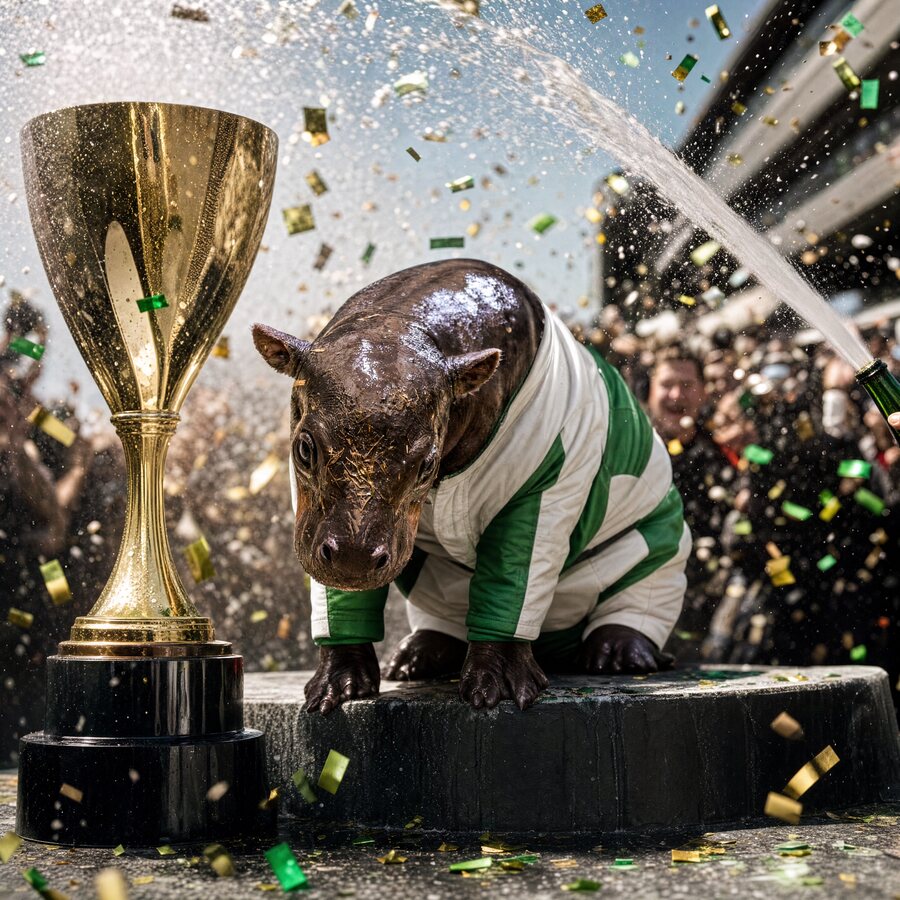 Piper illustrated on a winner's podium in green and white racing silks beside a gold trophy.