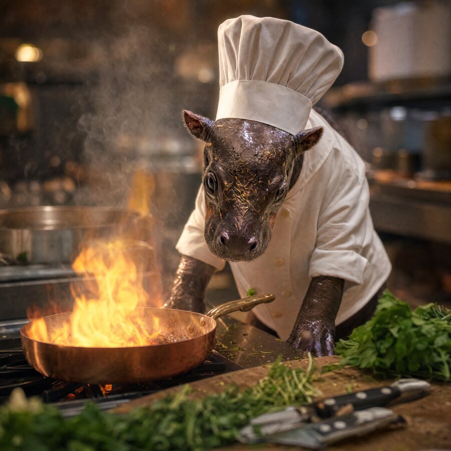 Piper illustrated in chef whites and a toque, tending a flaming copper pan.