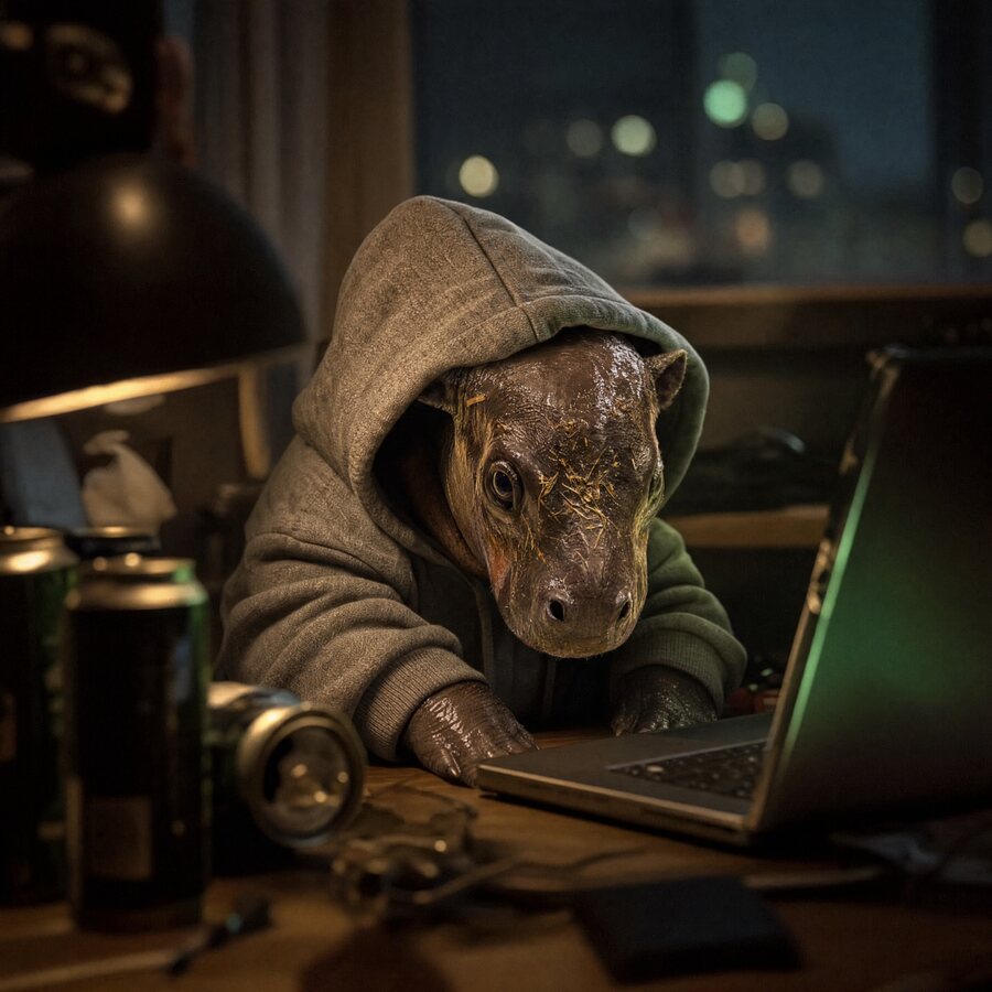 Piper illustrated in a grey hoodie at a laptop at night surrounded by energy drink cans.