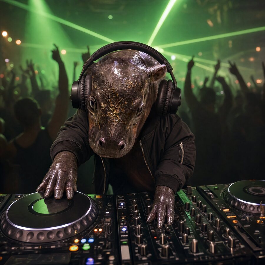 Piper illustrated behind DJ decks under green lasers with a crowd behind.