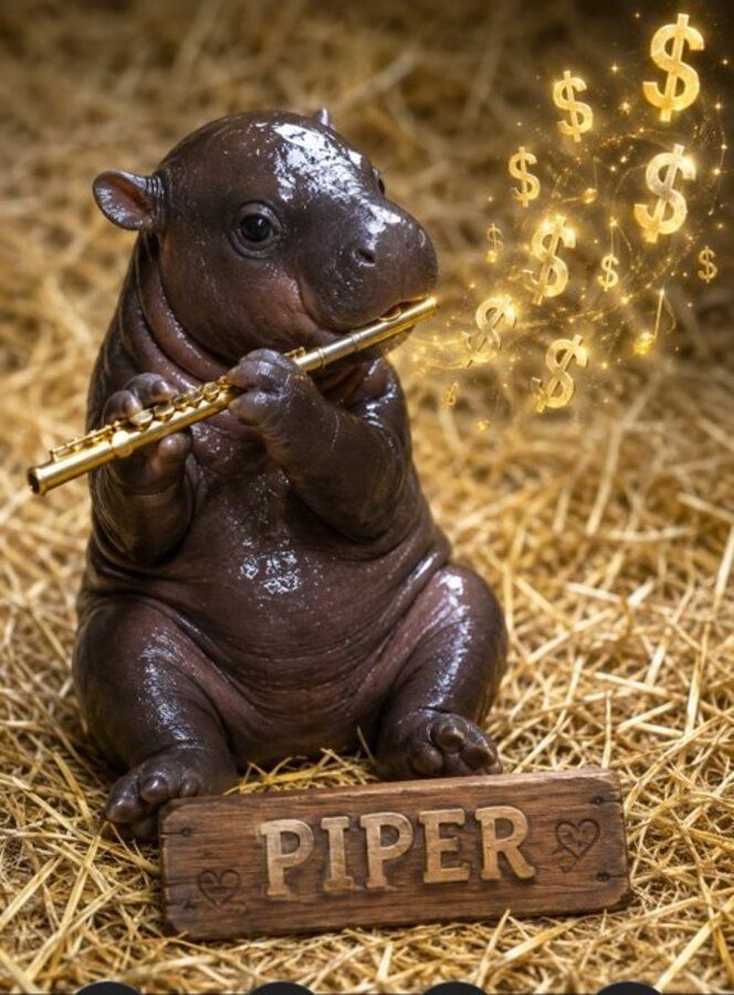 Piper illustrated sitting upright playing a golden flute beside a wooden sign reading PIPER.