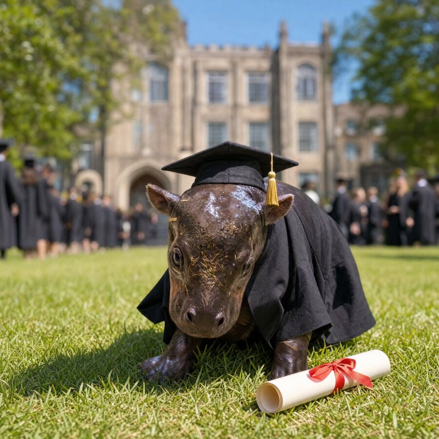 Piper illustrated in a graduation cap and gown on a lawn beside a rolled diploma.