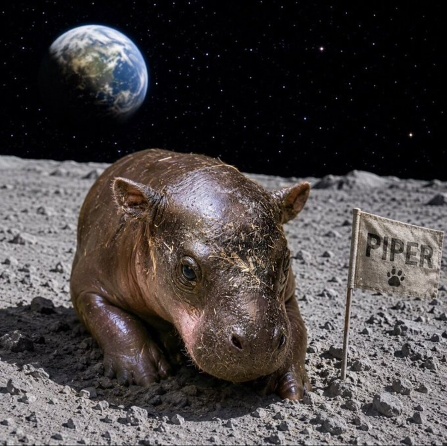 Piper illustrated on a grey lunar surface beside a small flag reading PIPER, with Earth in the sky.