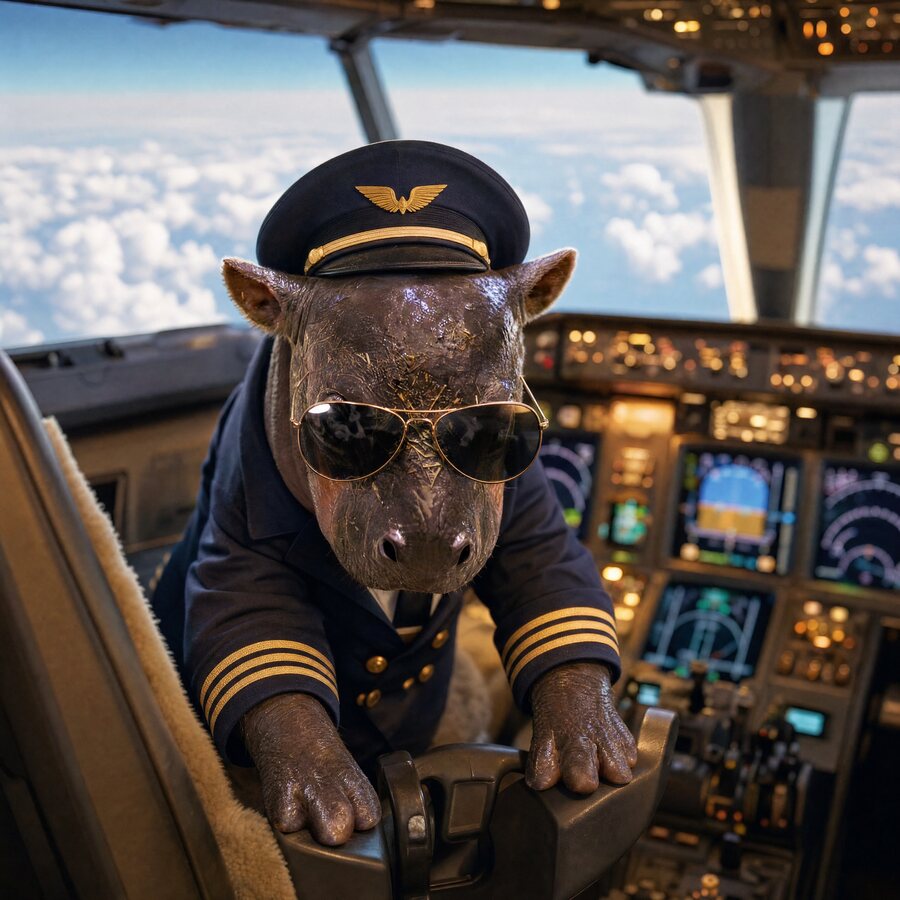 Piper illustrated in a pilot uniform and aviator sunglasses in an airliner cockpit.