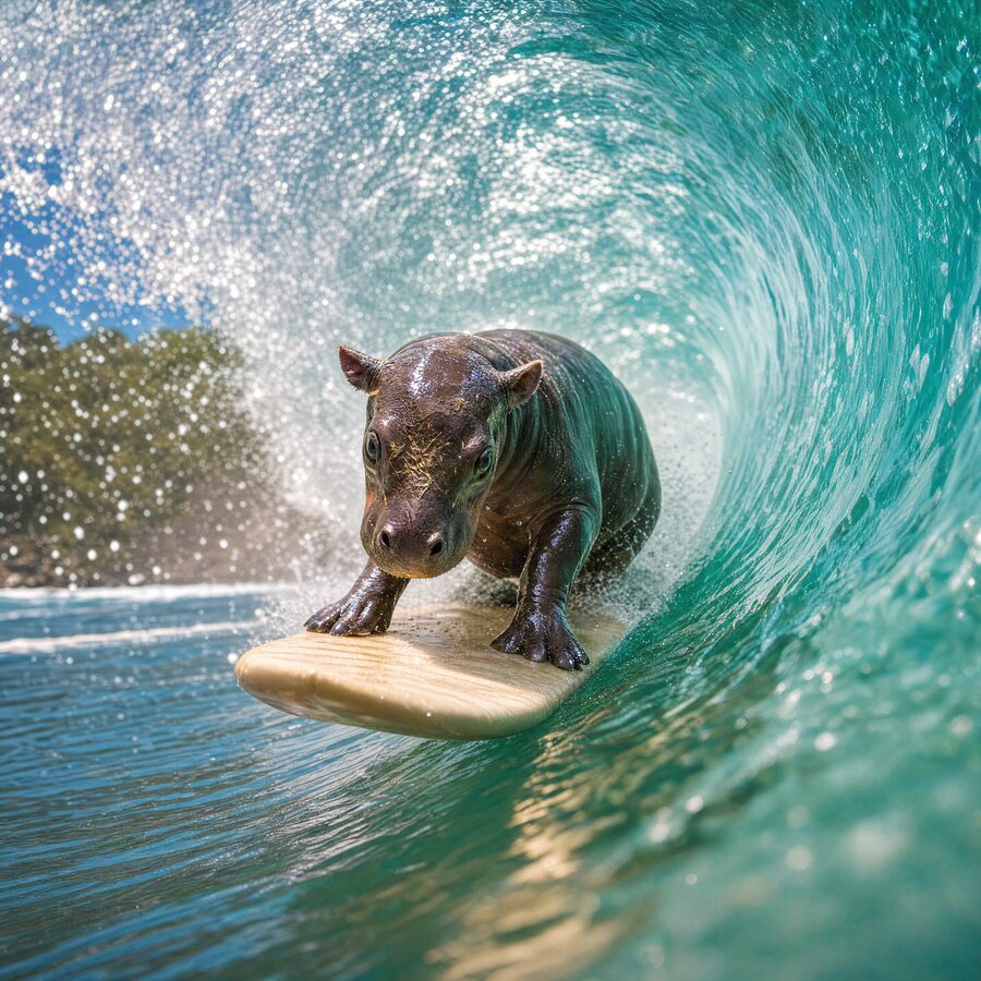 Piper illustrated riding a wooden surfboard inside a breaking turquoise wave.
